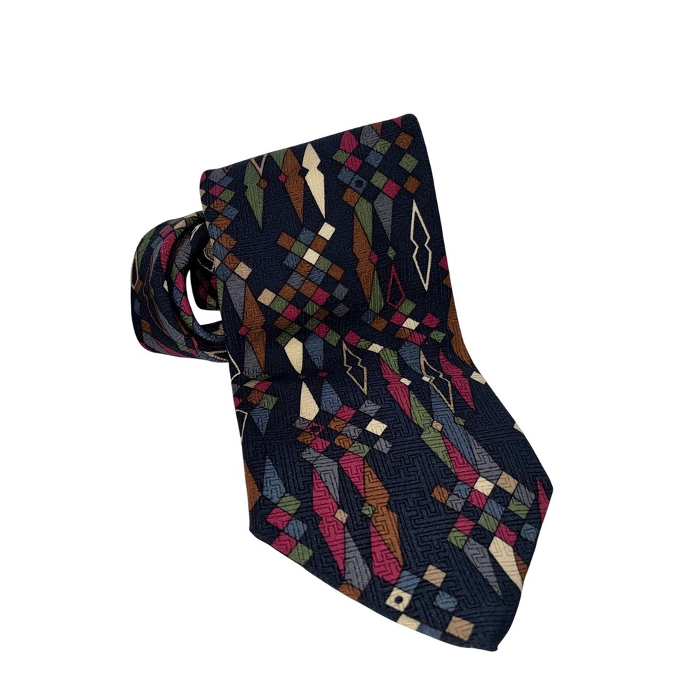 Karl Lagerfeld Mens Silk Tie Blue Pink Geometric Abstract Jacquard Wide Necktie